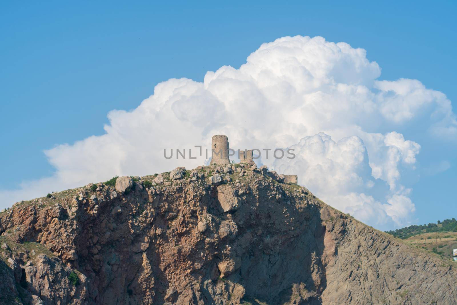 Mountains crimea cembalo bay balaklava fortress flying balaclava mountain scenic, for shore summer for tourist and harbor building, coast beach. Ship marina sun, by 89167702191