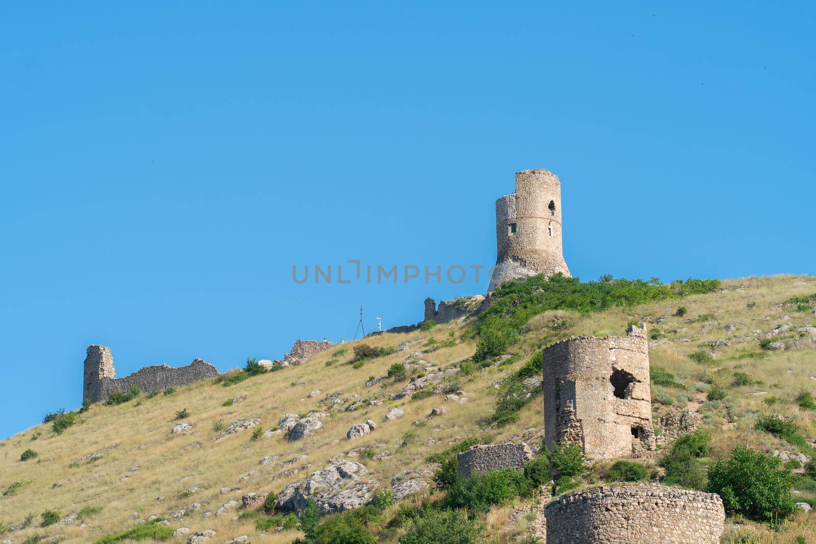 Crimea bay cembalo flying fortress balaklava balaclava mountain panorama scenic, from sky summer from urban for beautiful city, europe background. Crimean marina sun,