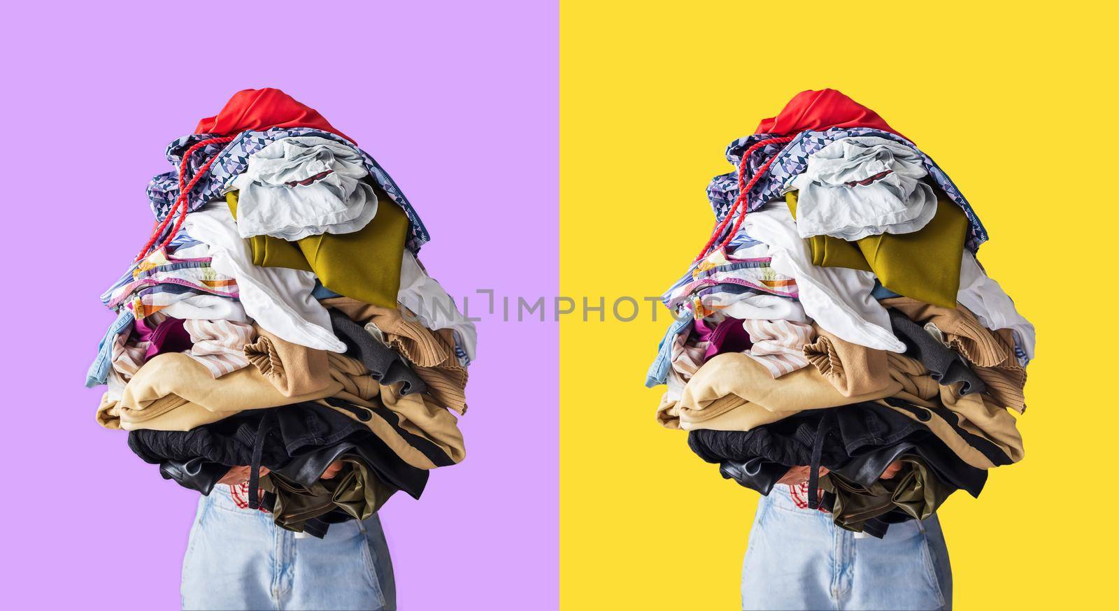 set of two photographs on yellow and purple background. close-up, a young woman holds in her hands a large pile of colored crumpled clothes. The girl's head is not visible, copy-paste for your design