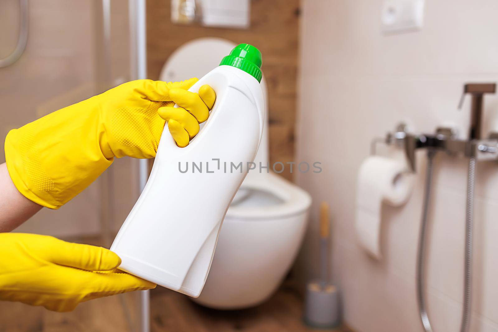 mockup, toilet cleaner, white bottle of liquid product with place for label by Ramanouskaya