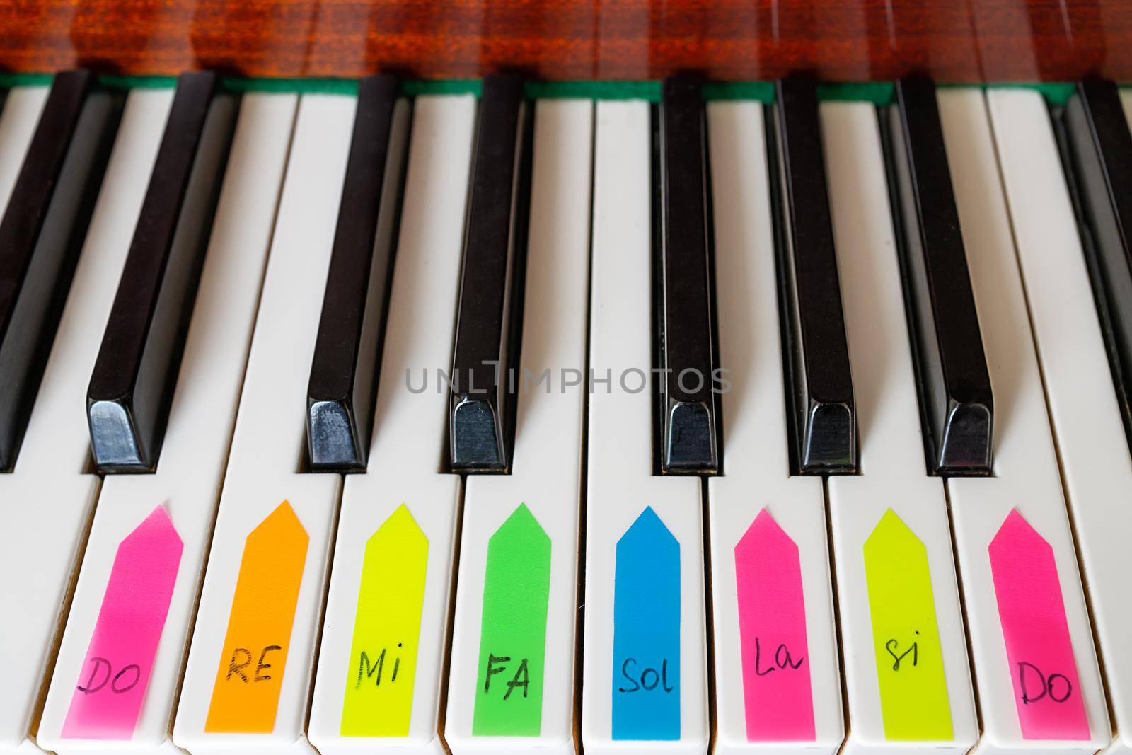 Piano keys are covered with multi-colored stickers with the designation of notes by Ramanouskaya