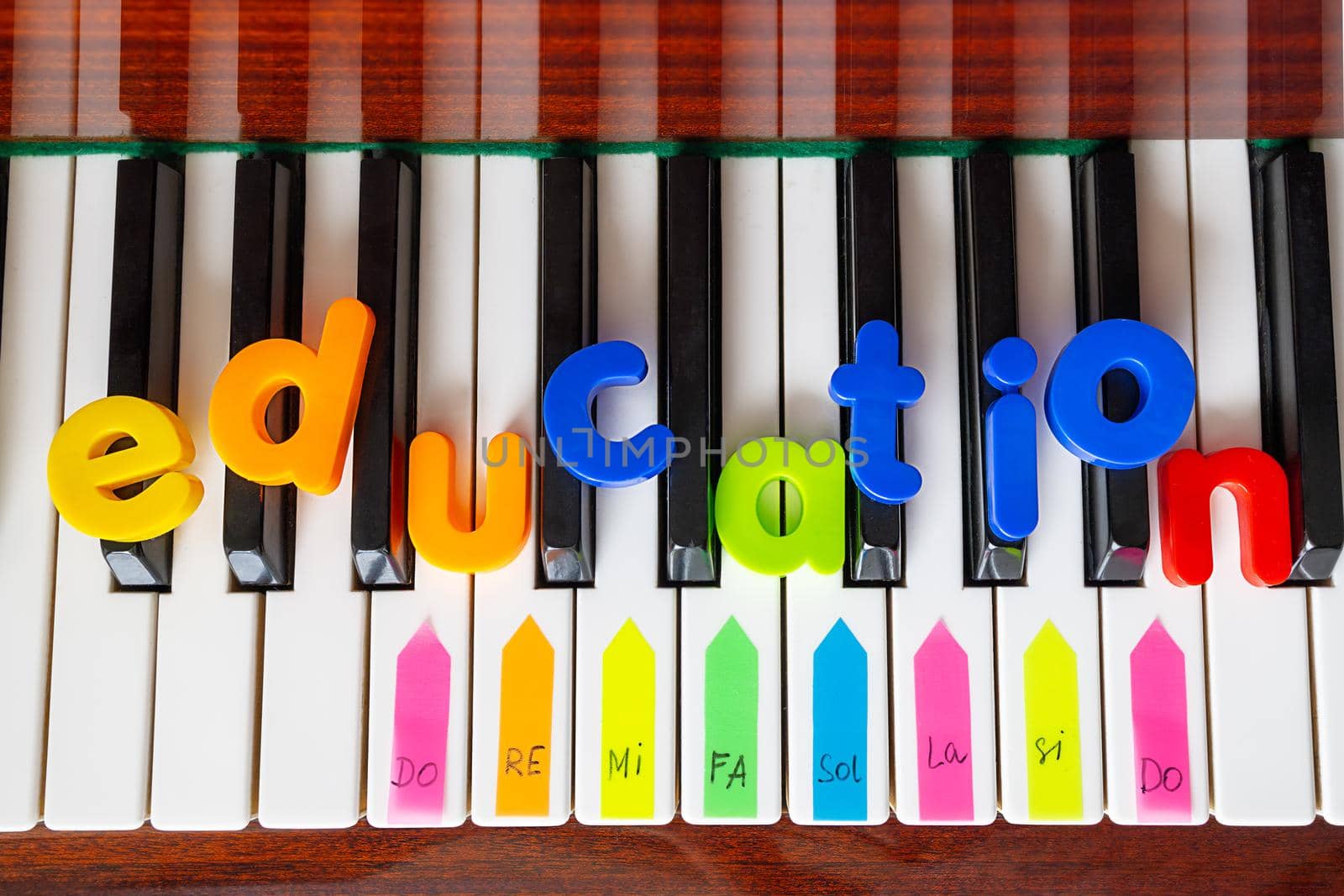 Poster with the word education. Letters and notes on the piano close-up by Ramanouskaya