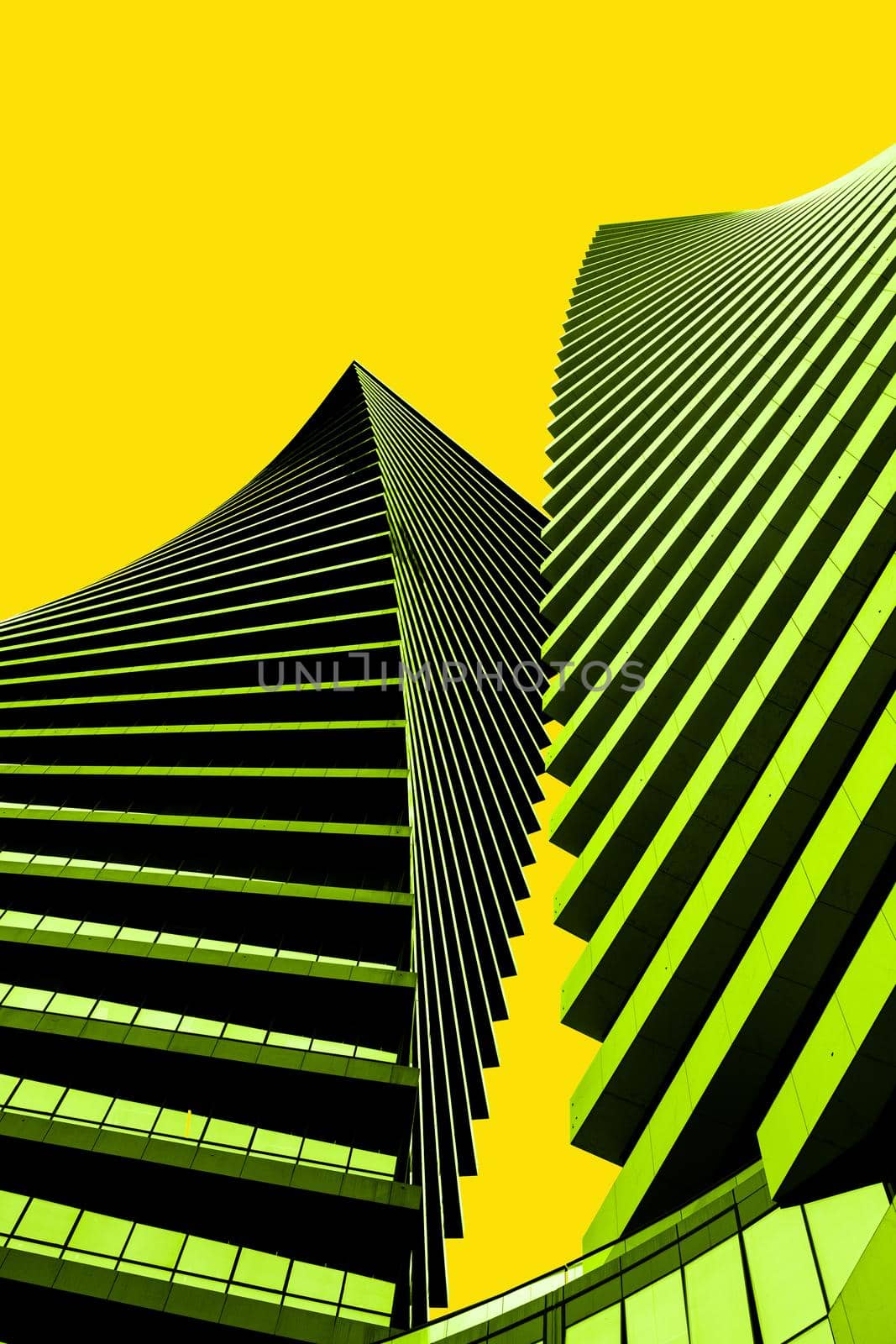 abstract background, green houses against the yellow sky. skyscraper in the sky by Ramanouskaya