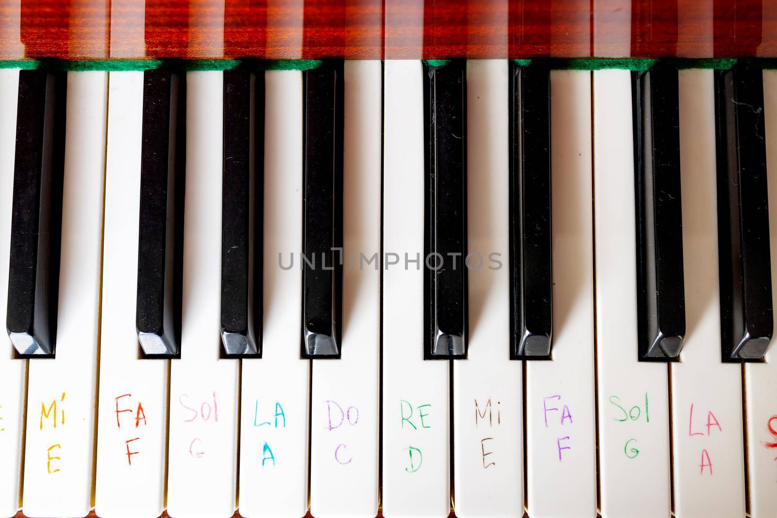 Learning to play the piano. Notes written with a felt-tip pen on the piano keys by Ramanouskaya