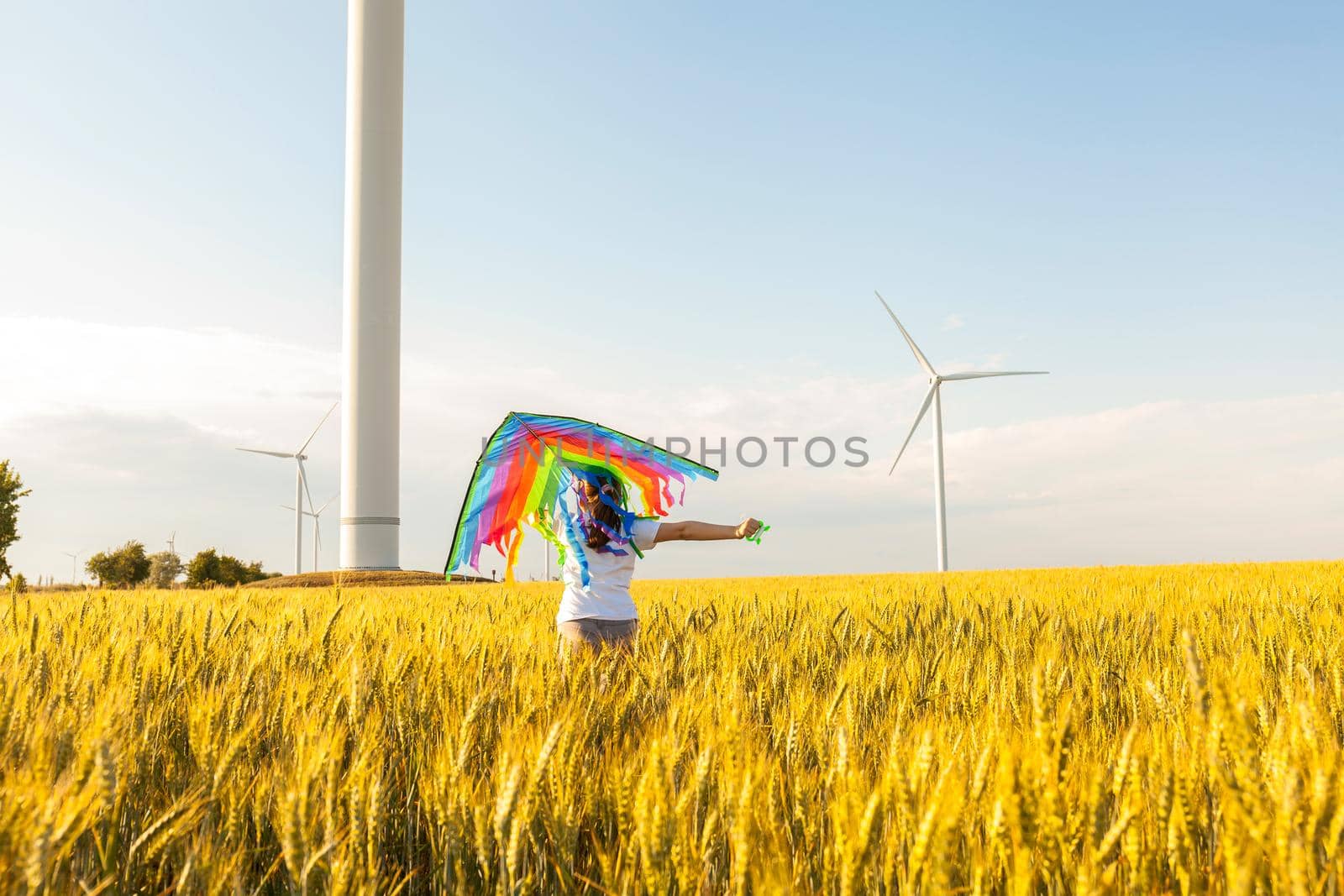 Happy Little girl running in a wheat field with a kite in the summer. Well-planned and active weekend. Happy childhood.
