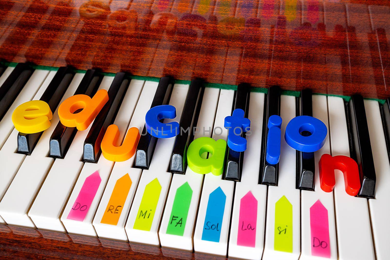 A close-up of the word education laid out on a piano made of colored plastic letters. The concept of music, teaching children at school. Banner or poster on the theatrical and creative theme