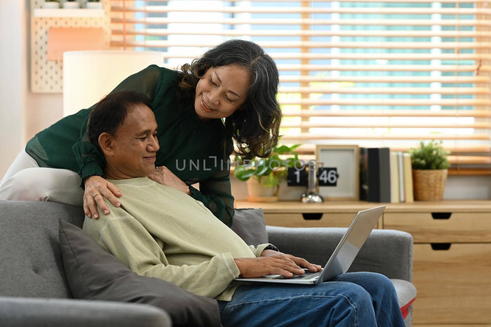 Happy senior couple resting on couch and using laptop, spending time together in cozy home.