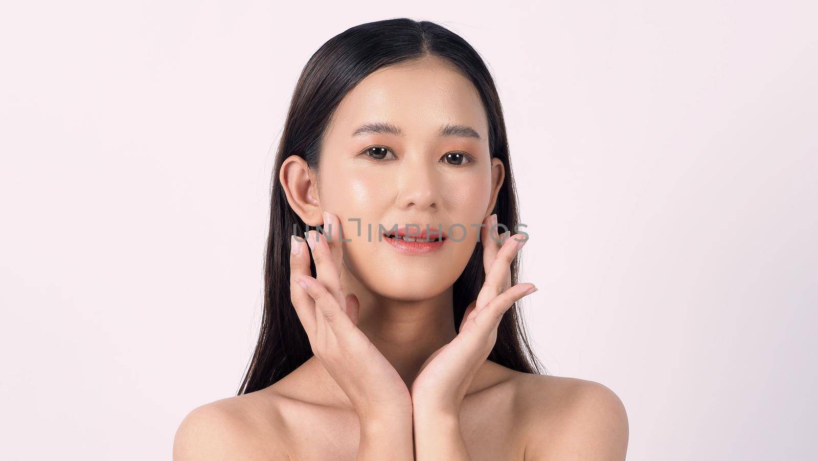 Beauty and skin concept. Beautiful young asian woman with clean fresh skin on white background. Face care Facial treatment Cosmetology beauty and spa concept. Beauty Korean looking. Asian women.