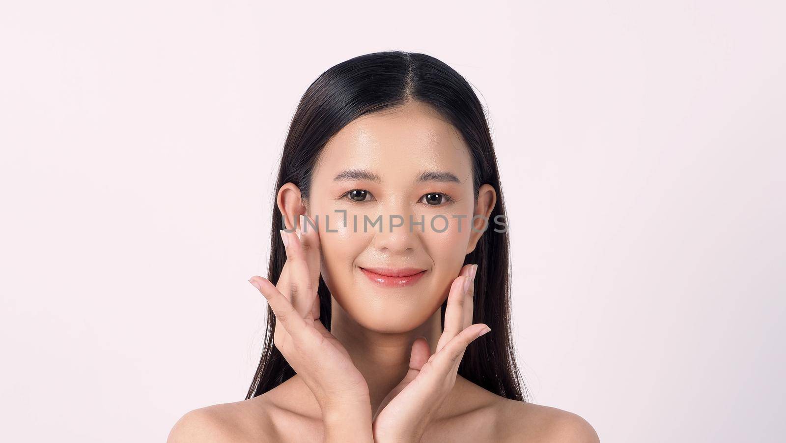 Beauty and skin concept. Beautiful young asian woman with clean fresh skin on white background. Face care Facial treatment Cosmetology beauty and spa concept. Beauty Korean looking. Asian women.