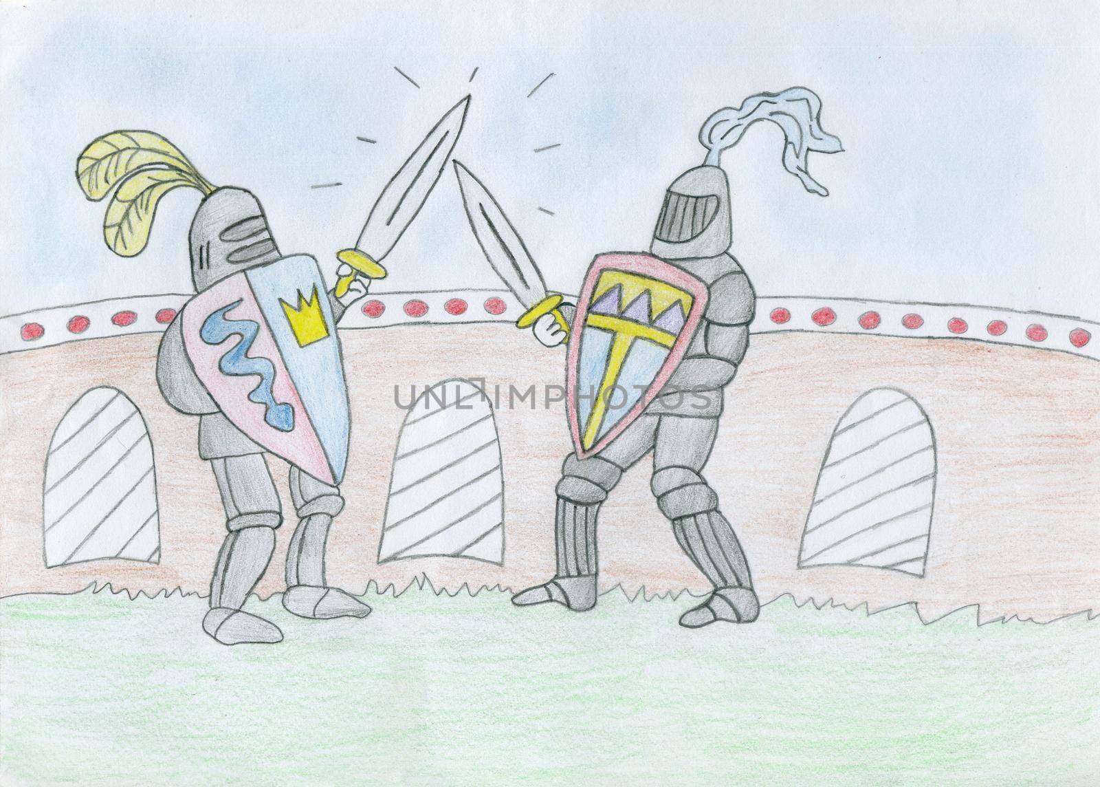 Knights in armor compete on swords. Children's drawing by Serhii_Voroshchuk