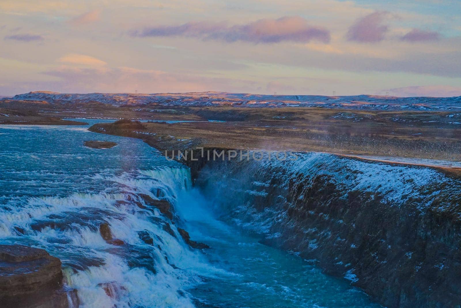 Gotorphoss waterfall and morning ray. Shooting Location: Iceland