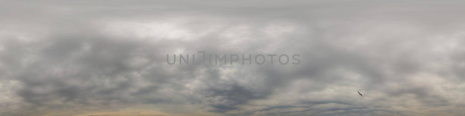 Overcast sky panorama on rainy day with Nimbostratus clouds in seamless spherical equirectangular format. Full zenith for use in 3D graphics, game and for aerial drone 360 degree panorama as sky dome. by Matiunina