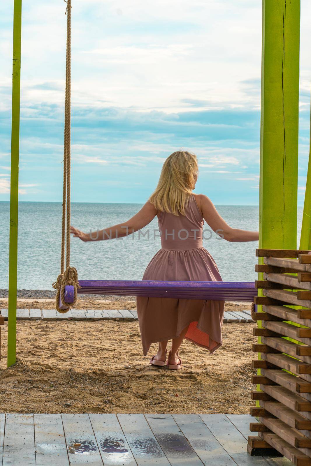 Swing sea summer travel beach happy woman leisure beautiful tourist, for place concept from trip and girl relax, blue coast. Happiness calm inspiration,