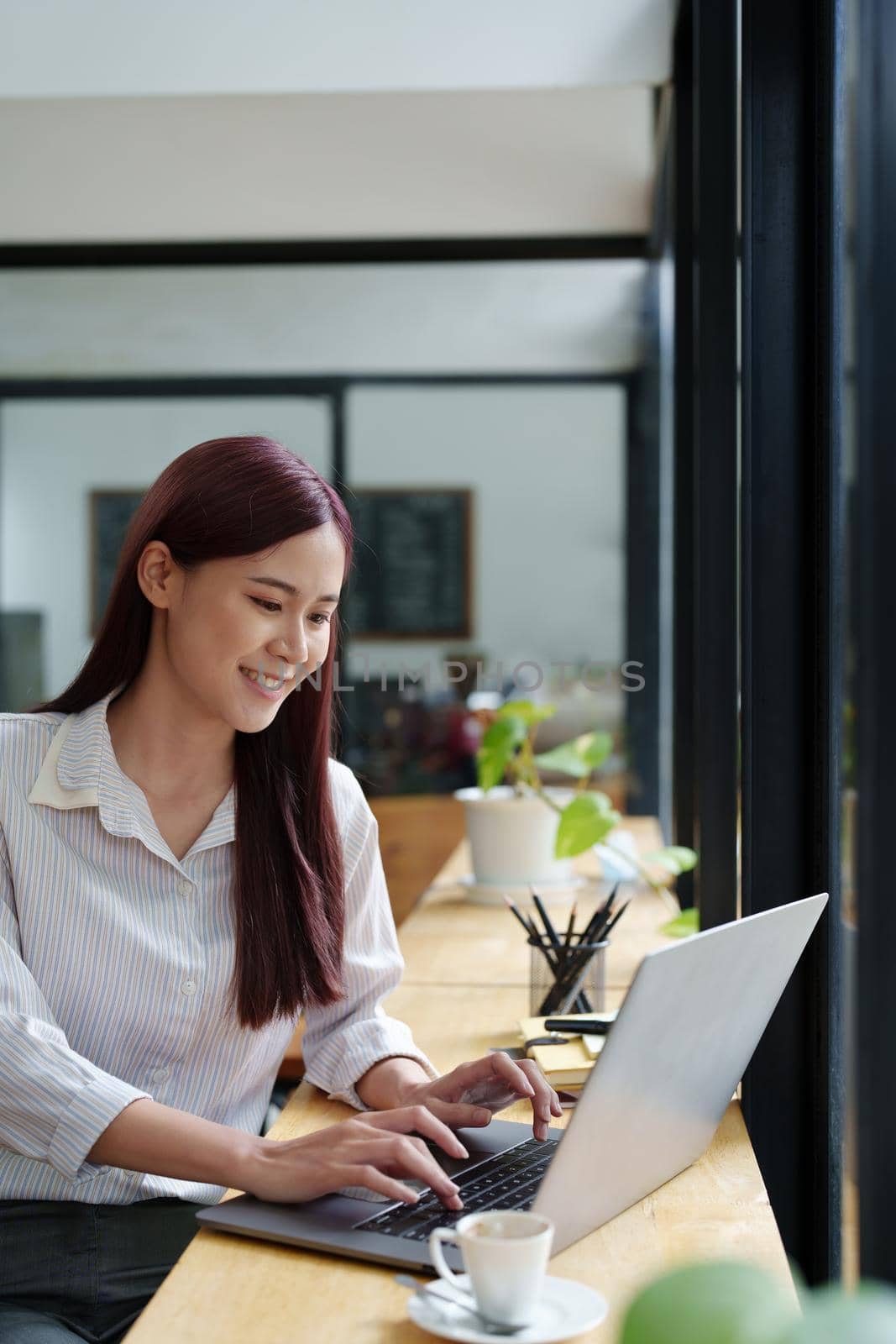 Portrait of a business woman using a computer to work on financial statements.