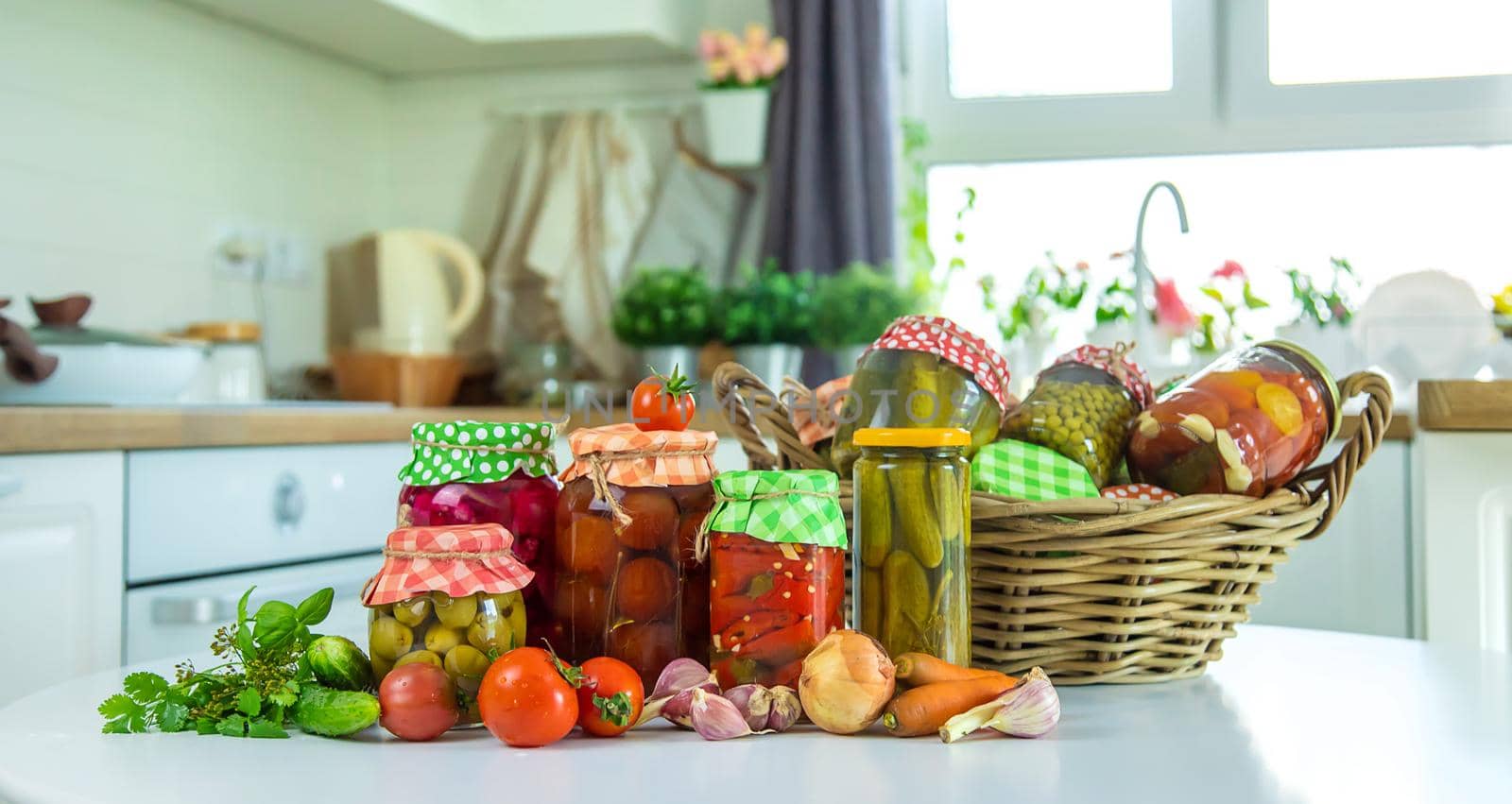 Jars with preserved vegetables for the winter. Selective focus. Food.