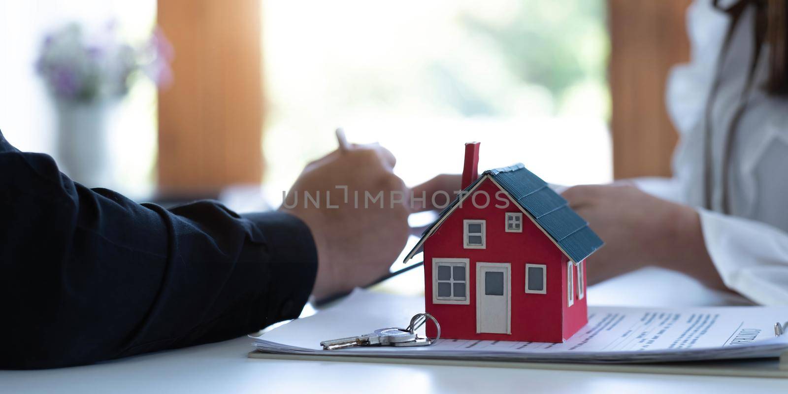 The real estate agent is explaining the house style to the clients who come to contact to see the house design and the purchase agreement. Within a modern office.