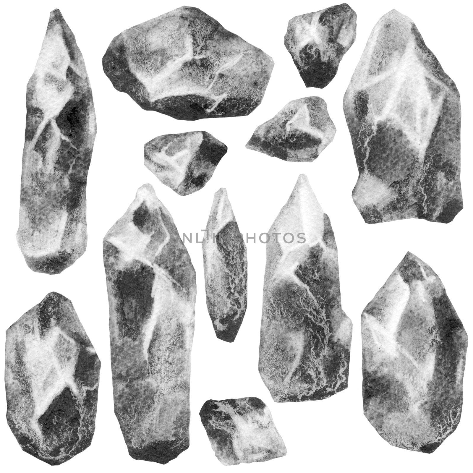 Watercolor and ink sketch - illustration of stone crystals, grunge texture objects on white background
