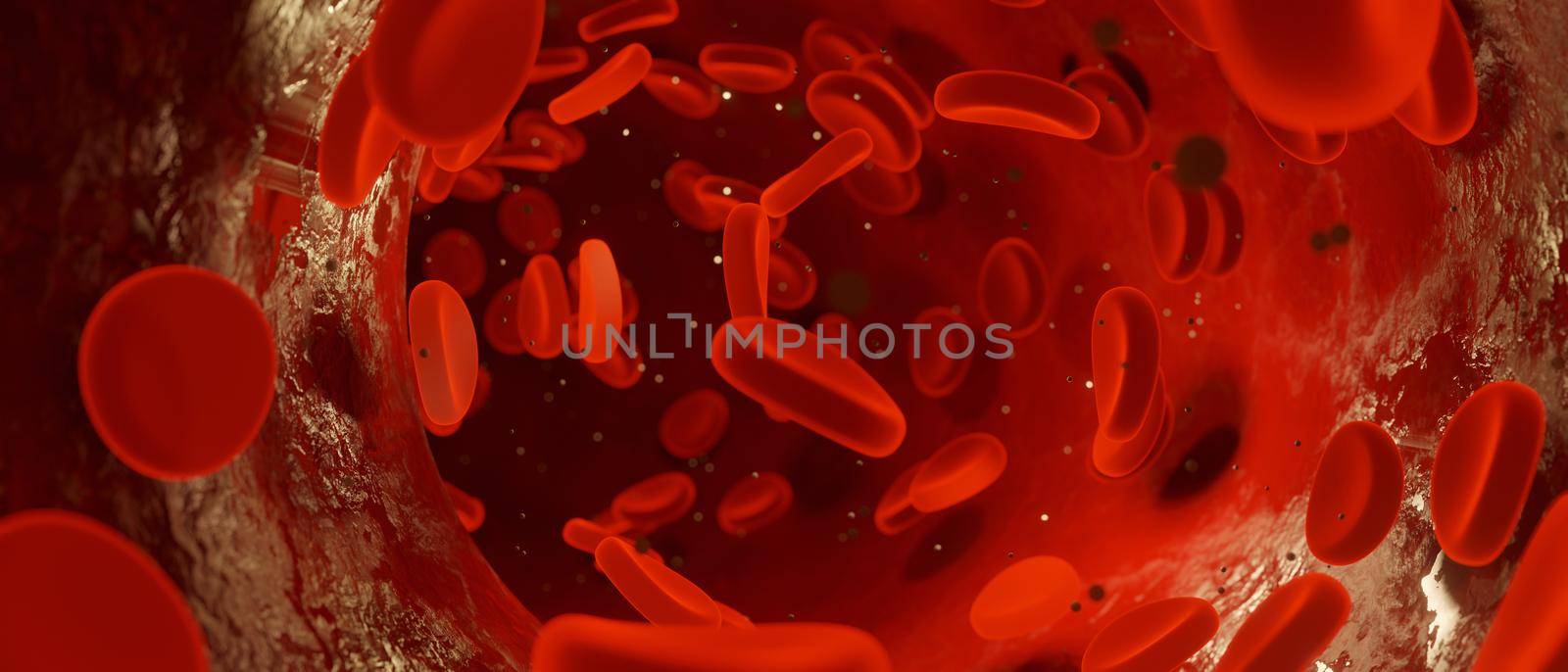 Red blood cells circulating blood vessels 3D Render