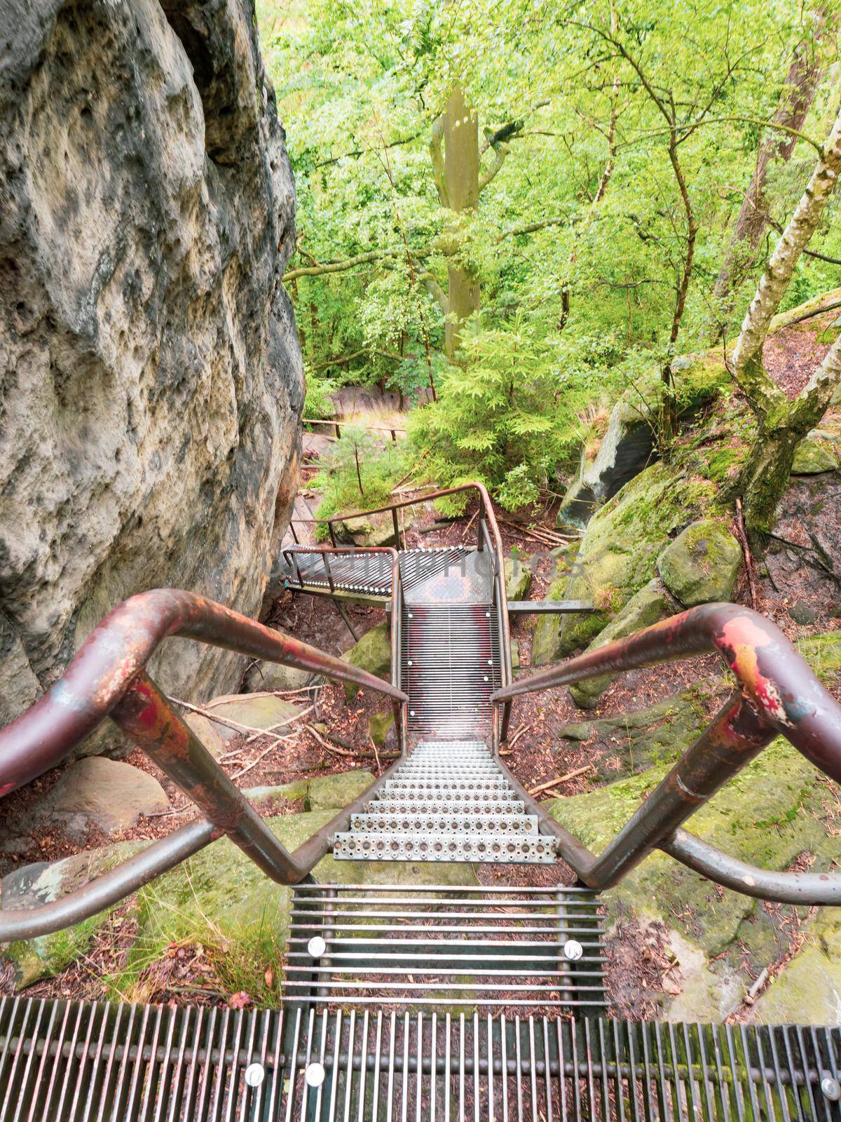 View metal stairs of the Staircase or Heilige Stiege, the view leads to tourist trails. Germany, Saxony, Elbe Sandstone Mountains, Bad Schandau and Schmilka region