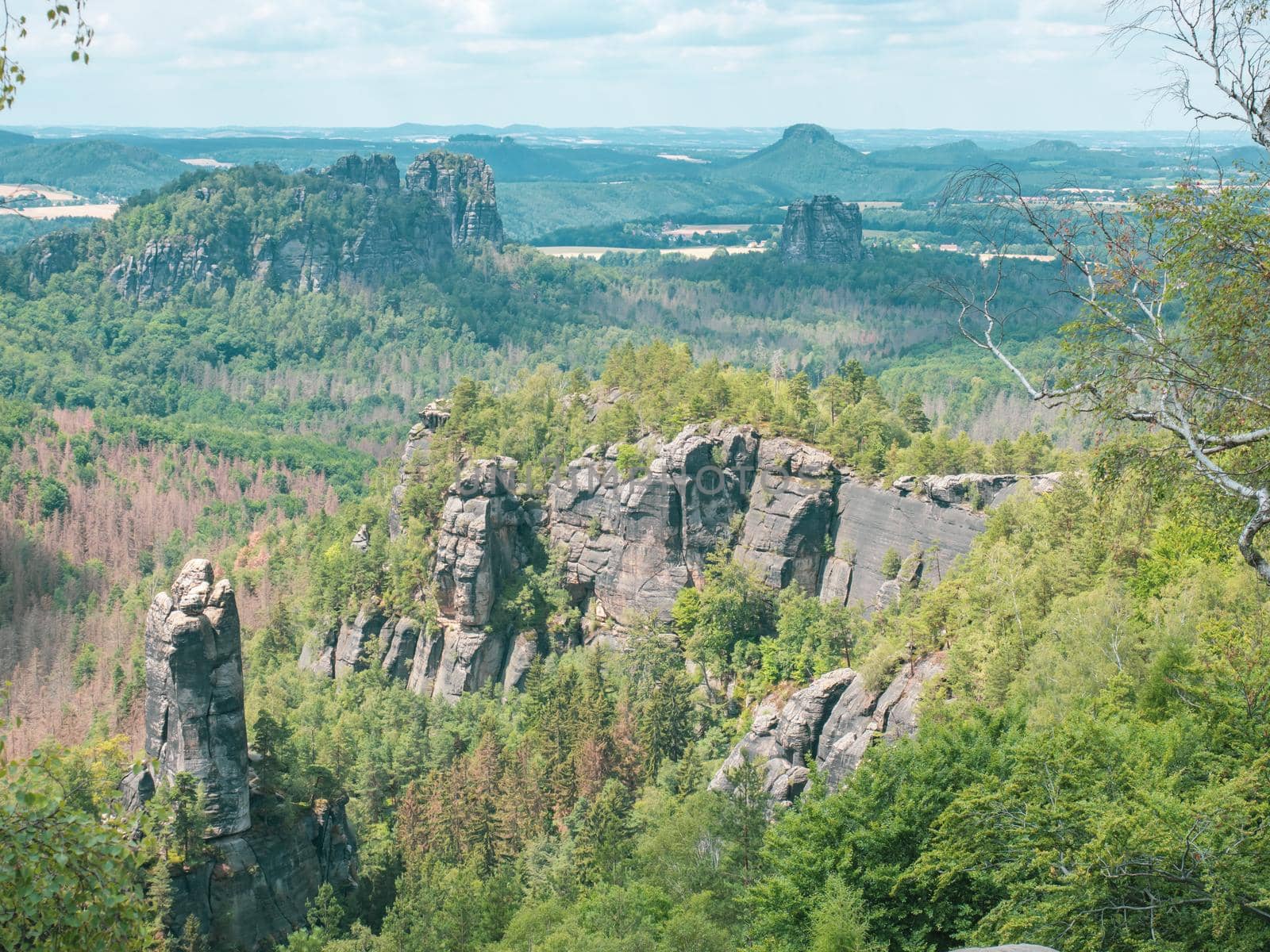 View from Carolafelsen towards Schrammsteine sandstone massif,  in Saxon Switzerland, Deutschland