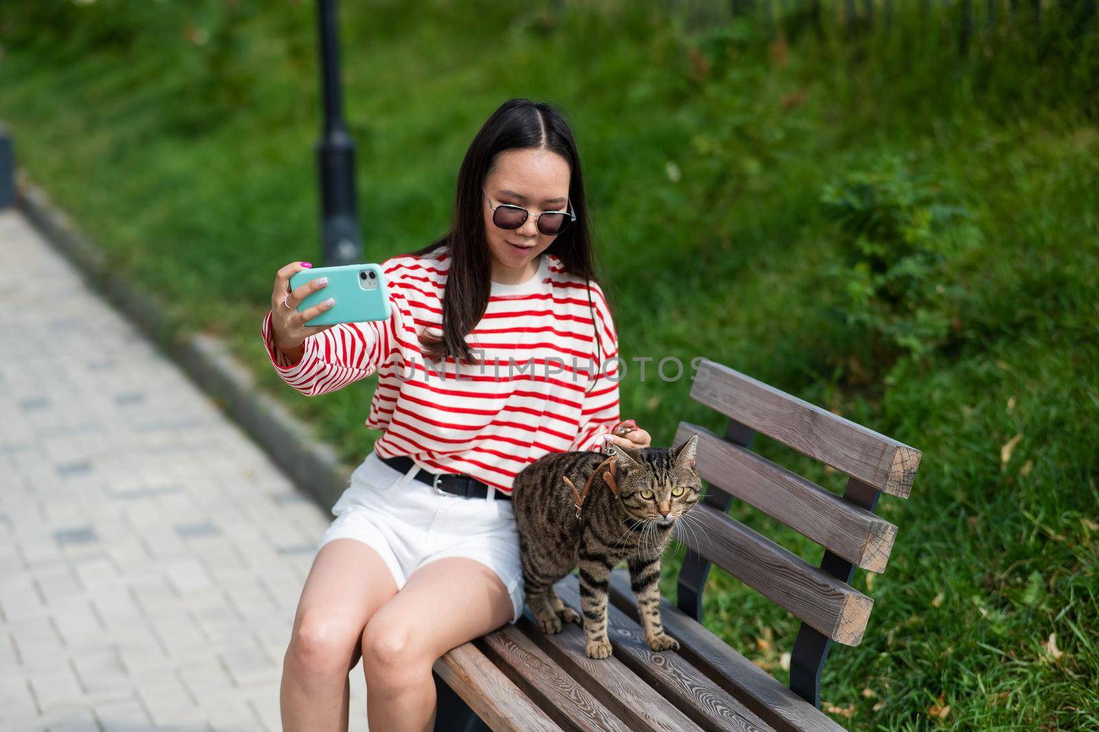 Young woman sits on a bench with a tabby cat and takes a selfie on a smartphone outdoors