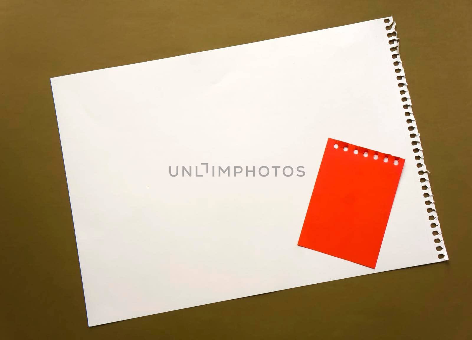 Blank sheet of paper space for design and lettering on a beautiful craft background red notepad sheet. Perforated sheet torn from notepad obliquely lying on the surface. Square sheet of paper copyspace