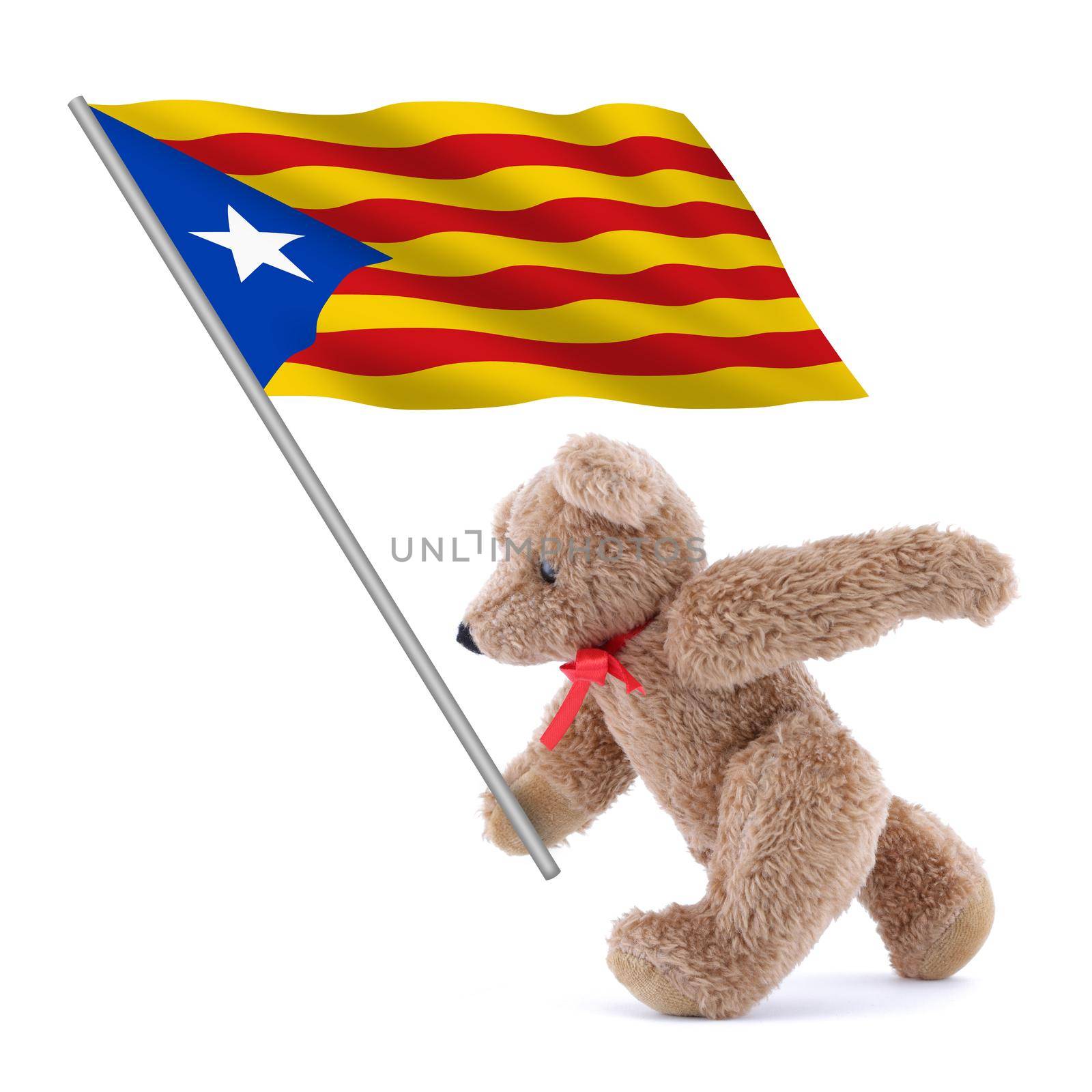 A Catalonia Independence flag being carried by a cute teddy bear red yellow blue white star Estelada