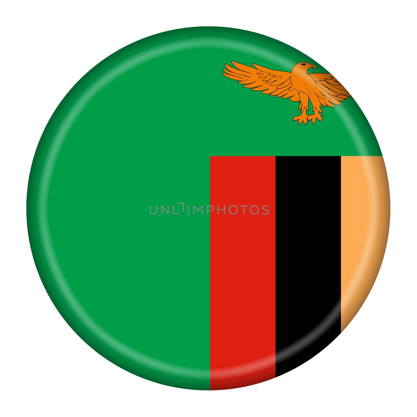 A Zambia flag button 3d illustration with clipping path green red black zambrano stripes orange eagle