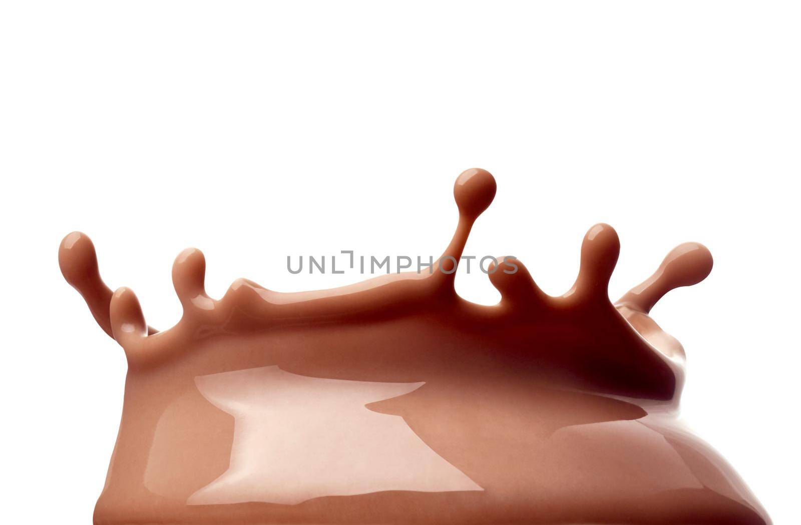 close up of a chocolate milk splash on white background