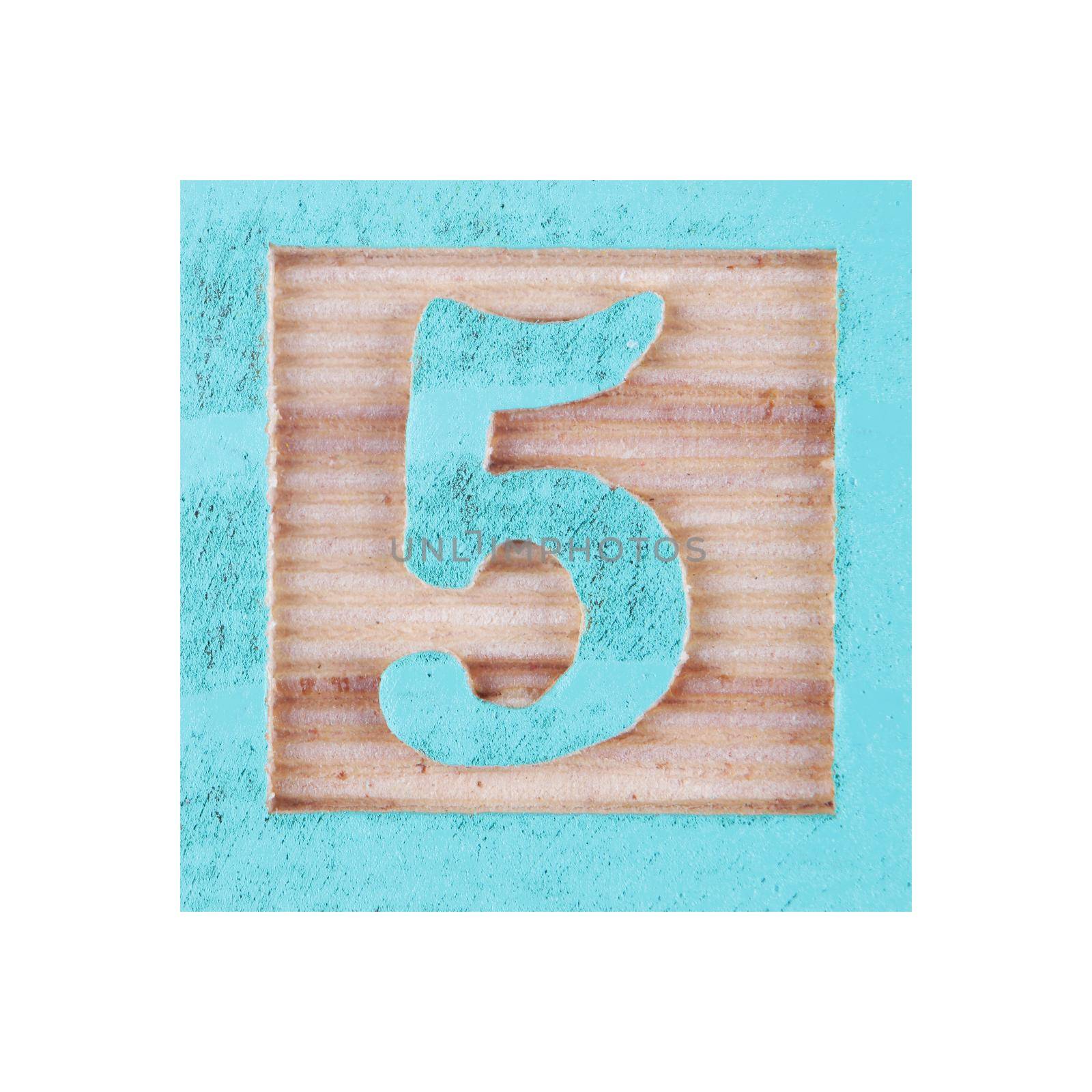 A Number 5 five childs wood block on white with clipping path