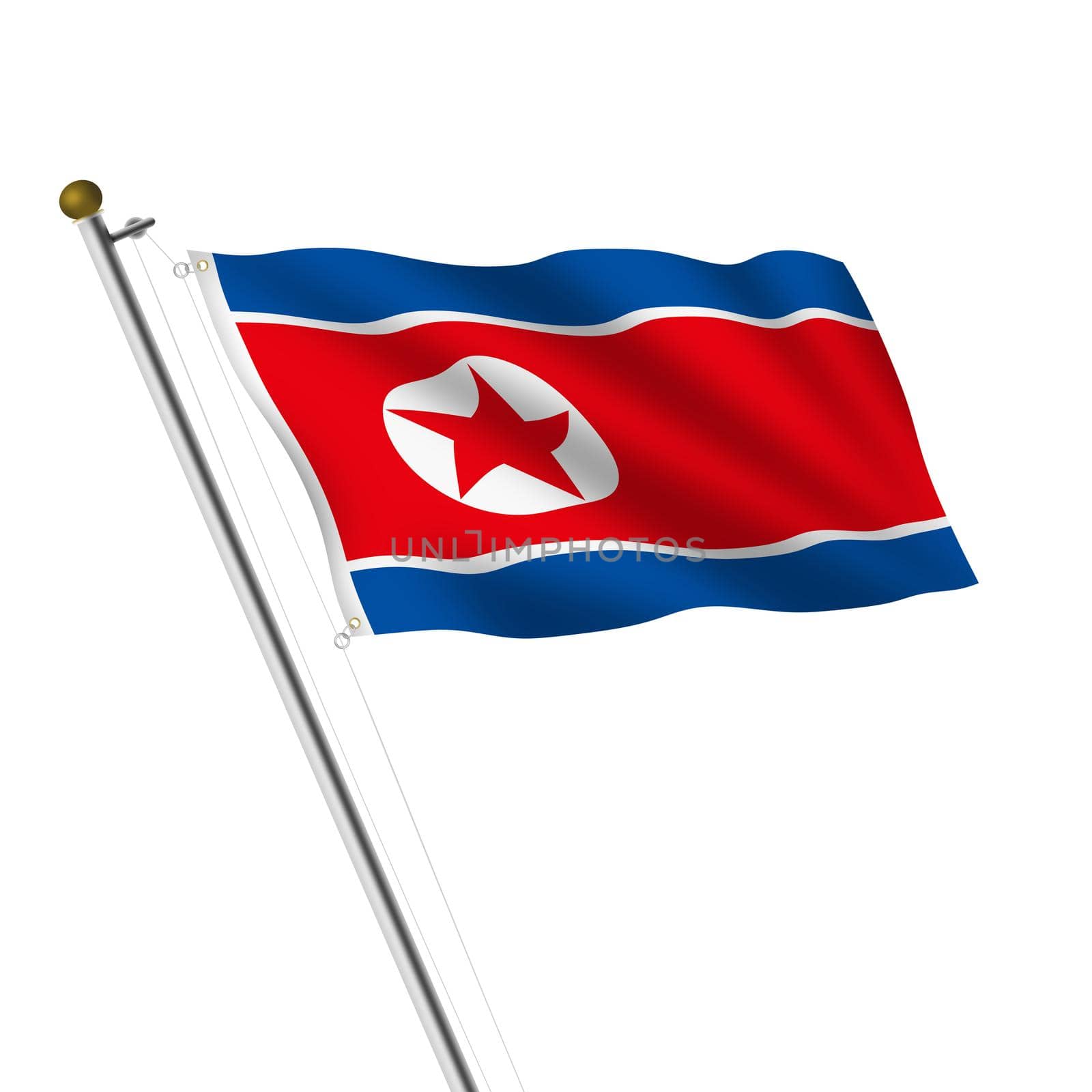 A North Korea flagpole 3d illustration on white with clipping path