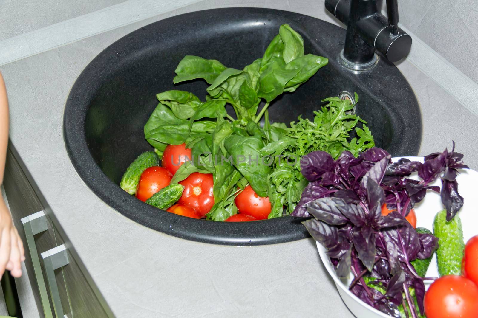 Spinach, arugula, cucumbers, tomatoes, basil collected at their dacha are washed in a black sink for cooking delicious and fragrant dishes...