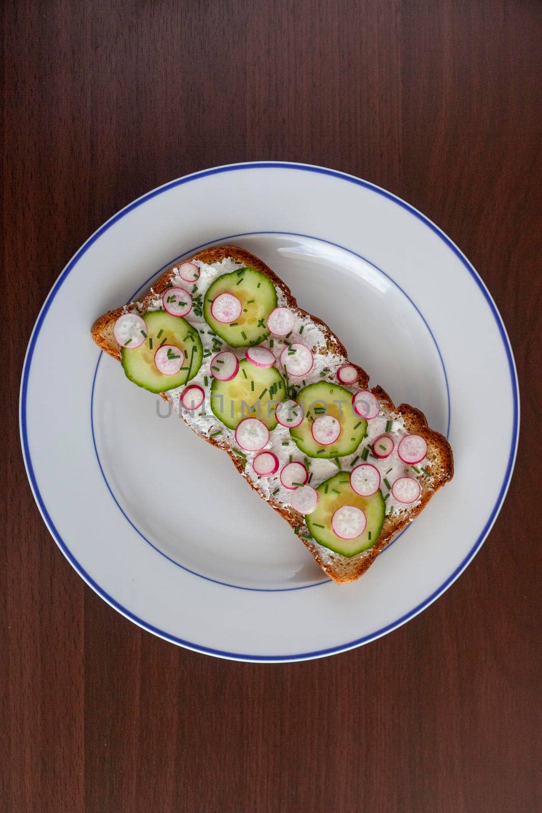 radish, cucumber and soft cheese summer toast on a plate