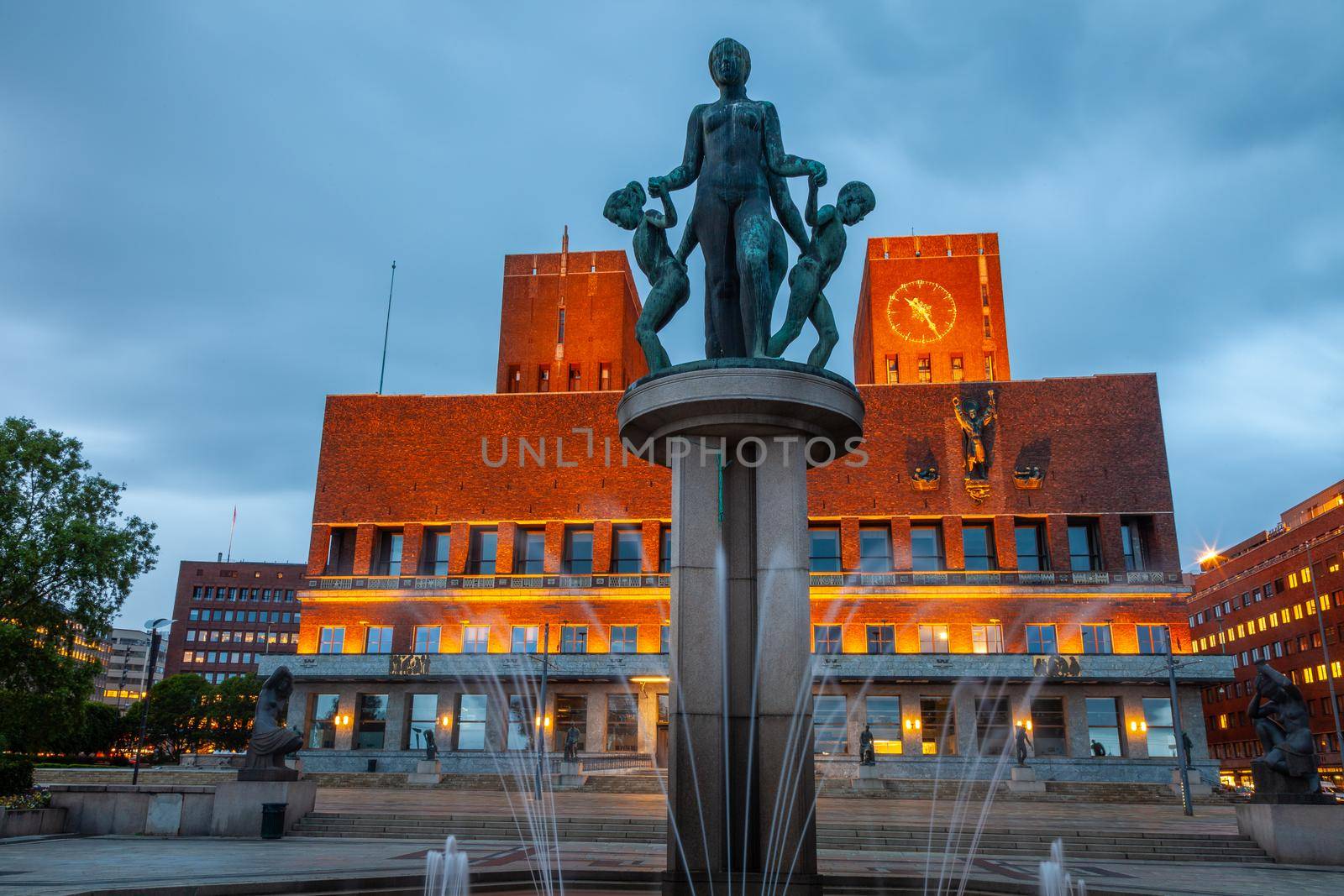 Oslo city hall at dramatic evening with fountain, Norway, Scandinavia, long exposure