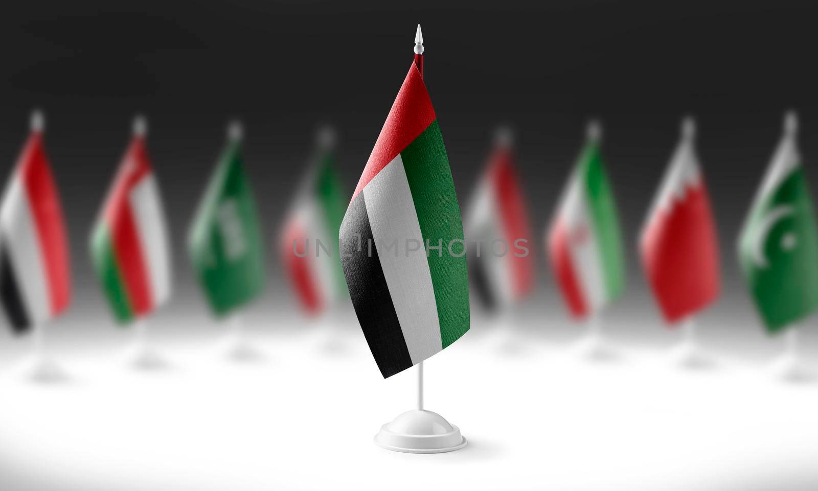 The national flag of the United Arab Emirates on the background of flags of other countries.