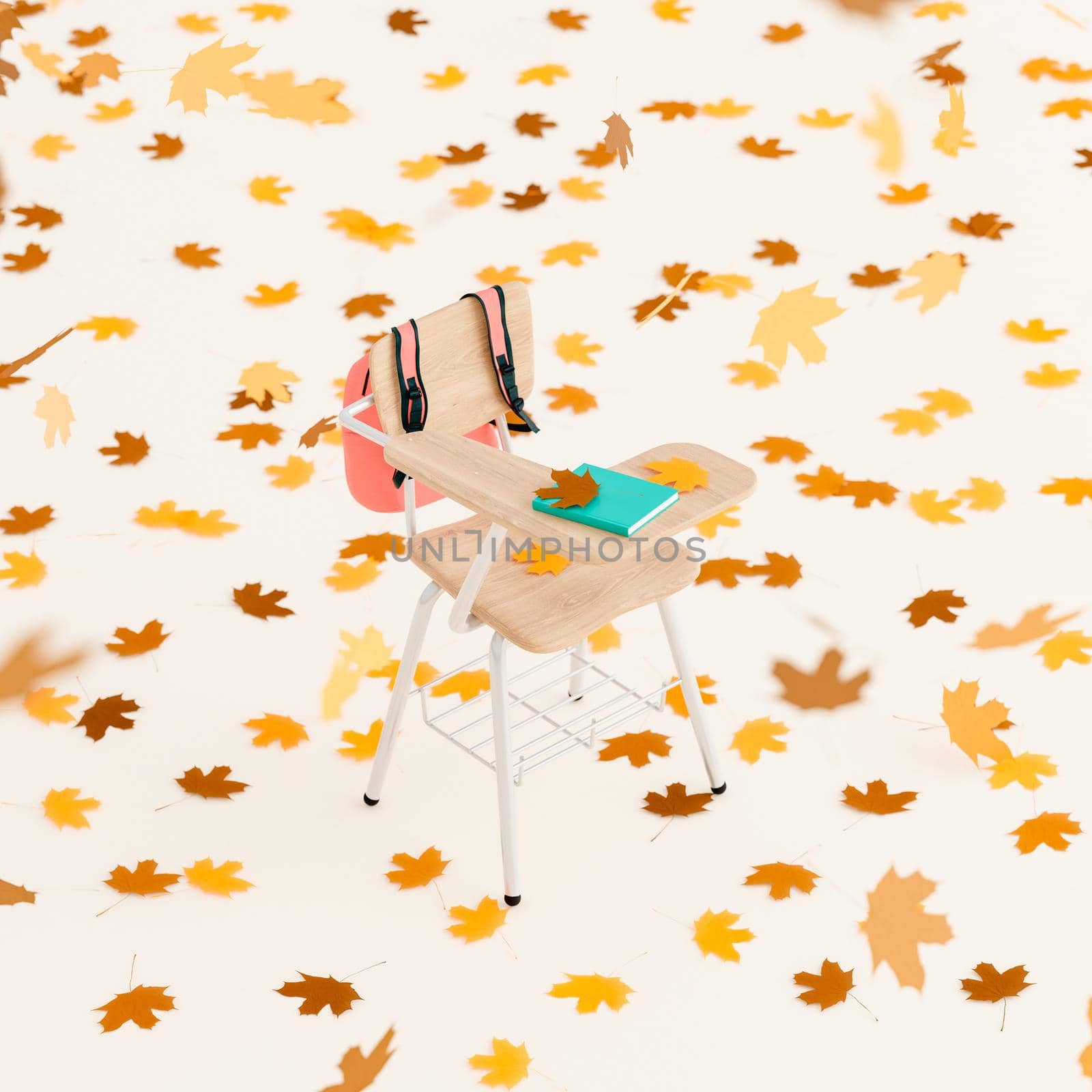 From above 3D rendering of wooden school chair with hanging backpack and book on attached desk placed on beige background with dry maple leaves