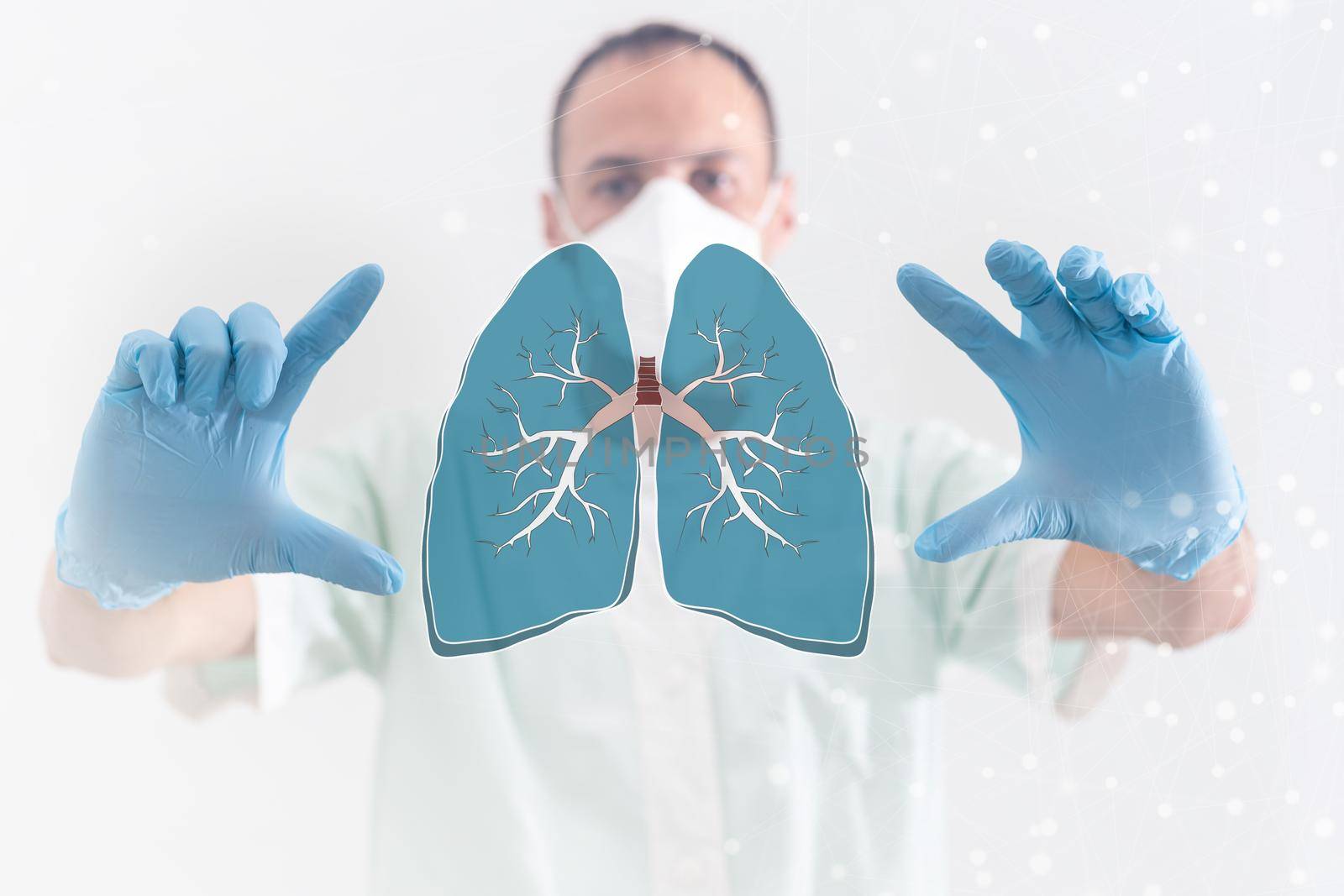 Female doctor holding virtual Lungs in hand. Handrawn human organ, copy space on right side, raw photo colors. Healthcare hospital service