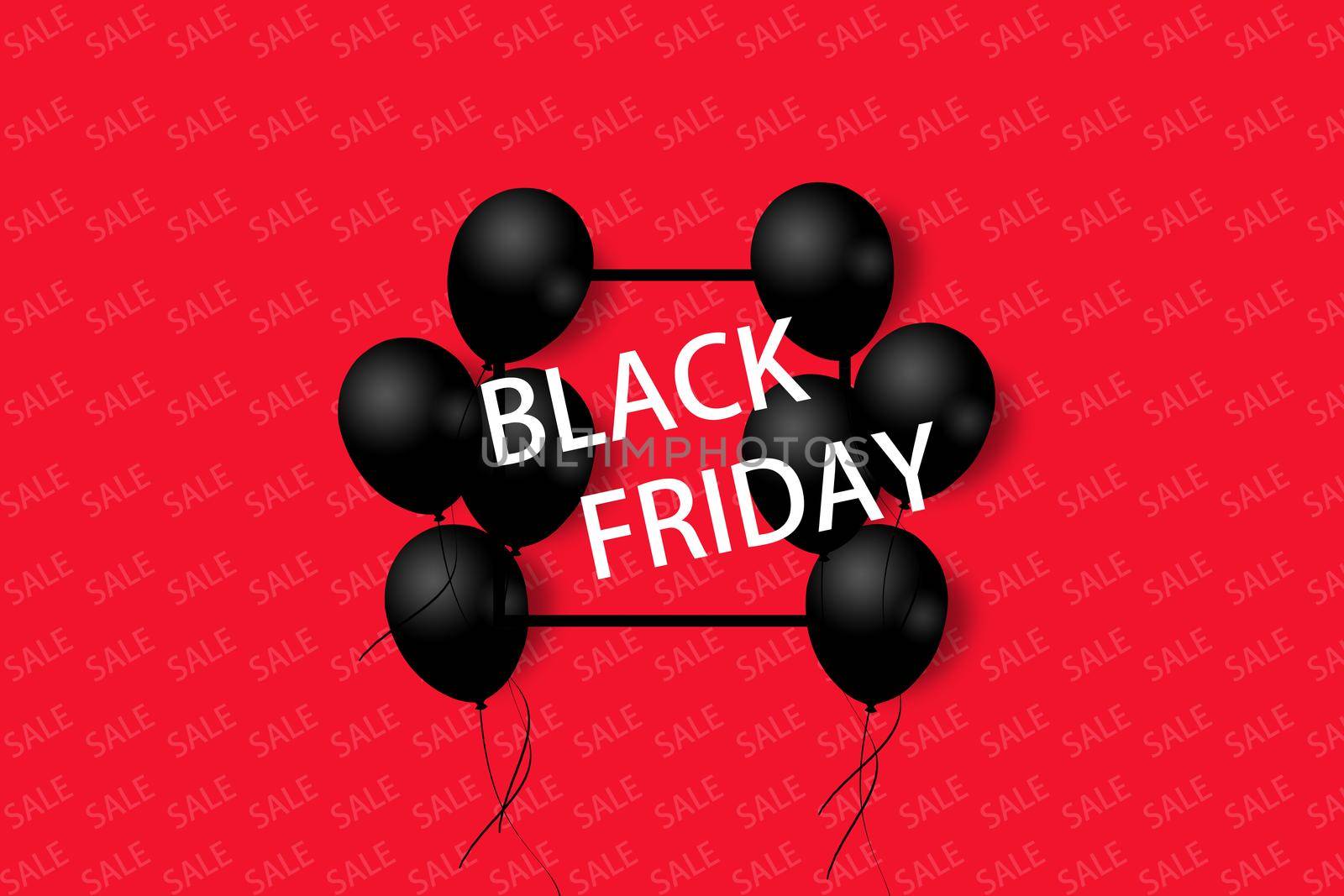 Black Friday Sale Poster with black balloons on red background with square frame. Illustration. Pattern