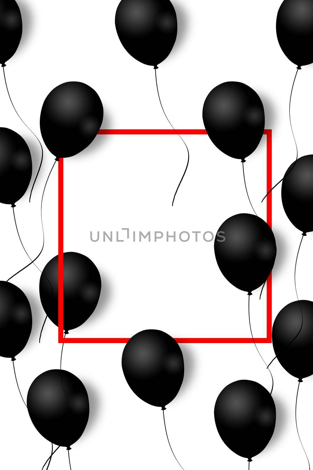 Beautiful black balloons randomly flying over red frame. Party elegant background with space for text. Red frame, balloons. Illustration. Pattern