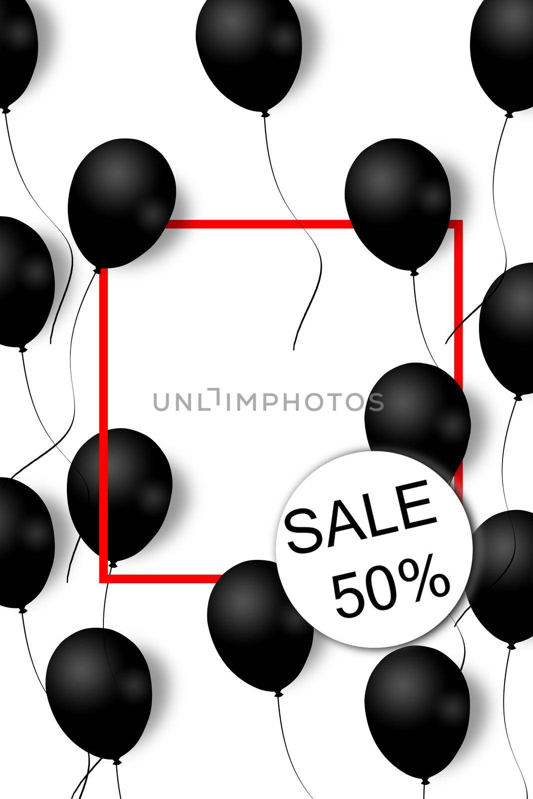 Beautiful black balloons randomly flying over red frame. Party elegant background with space for text. Red frame, balloons. by nazarovsergey