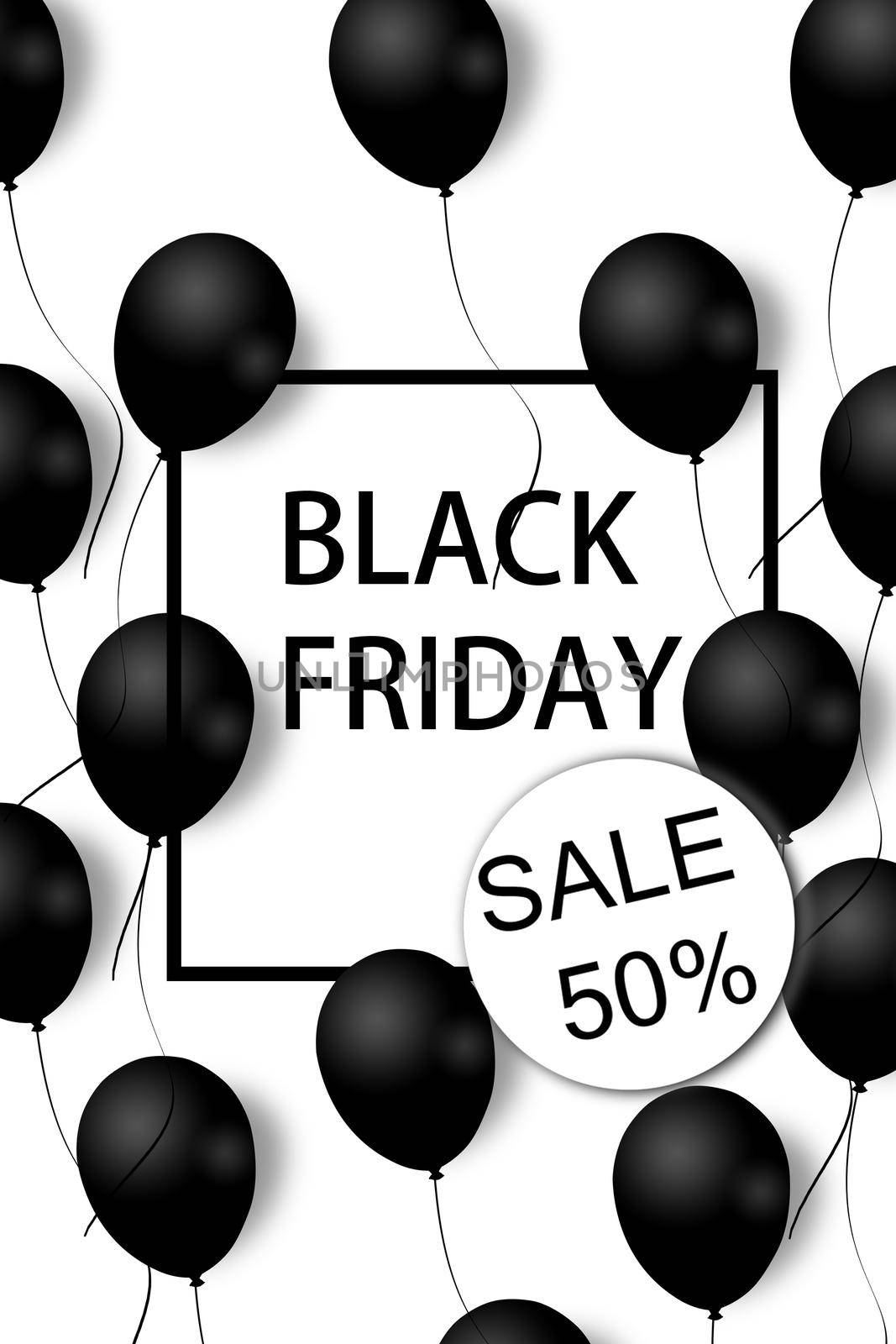 Black Friday Sale Poster with black balloons on white background with square frame. Illustration. Pattern