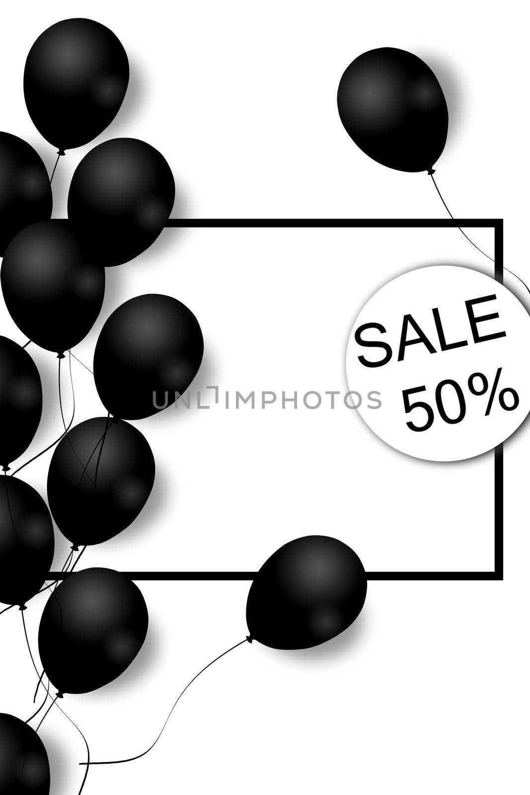 Beautiful black balloons randomly flying over black frame. Party elegant background with space for text. Black frame, balloons. by nazarovsergey