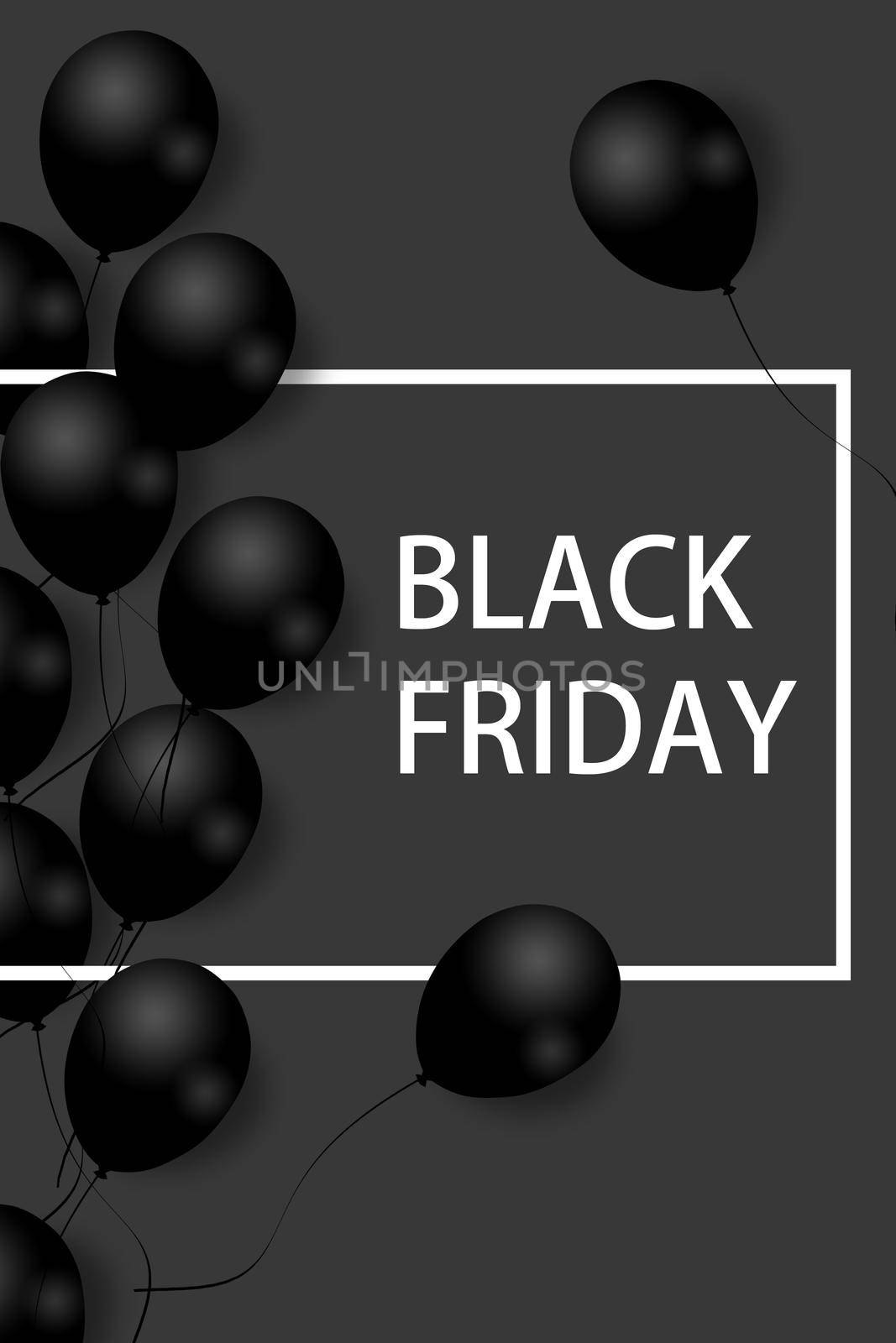 Black Friday Sale Poster with black balloons on gray background with square frame. Illustration. Pattern