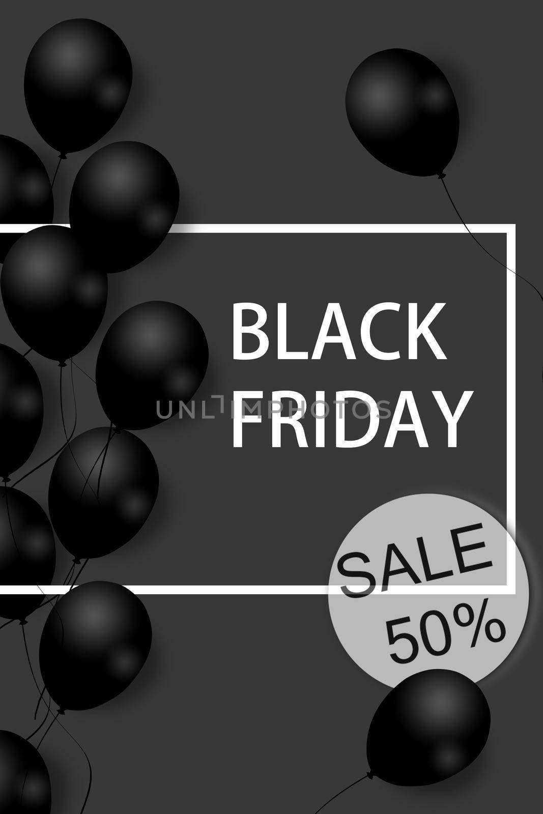 Black Friday Sale Poster with black balloons on gray background with square frame. Illustration. by nazarovsergey