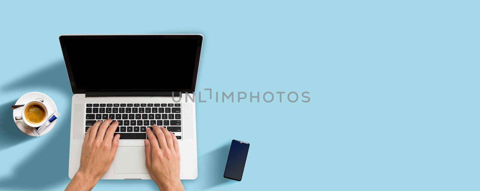 Colored office desk table with computer. Top view with copy space. High quality photo