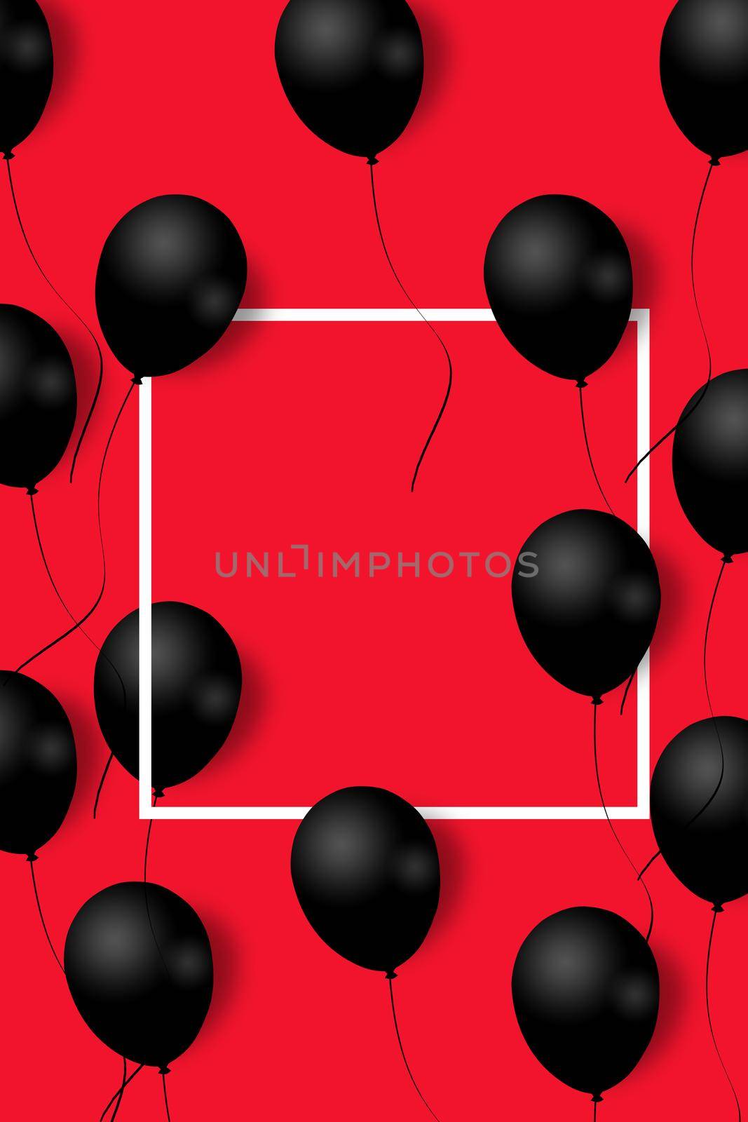 Beautiful black balloons randomly flying over white frame. Party elegant background with space for text. White frame, balloons. Illustration. Pattern