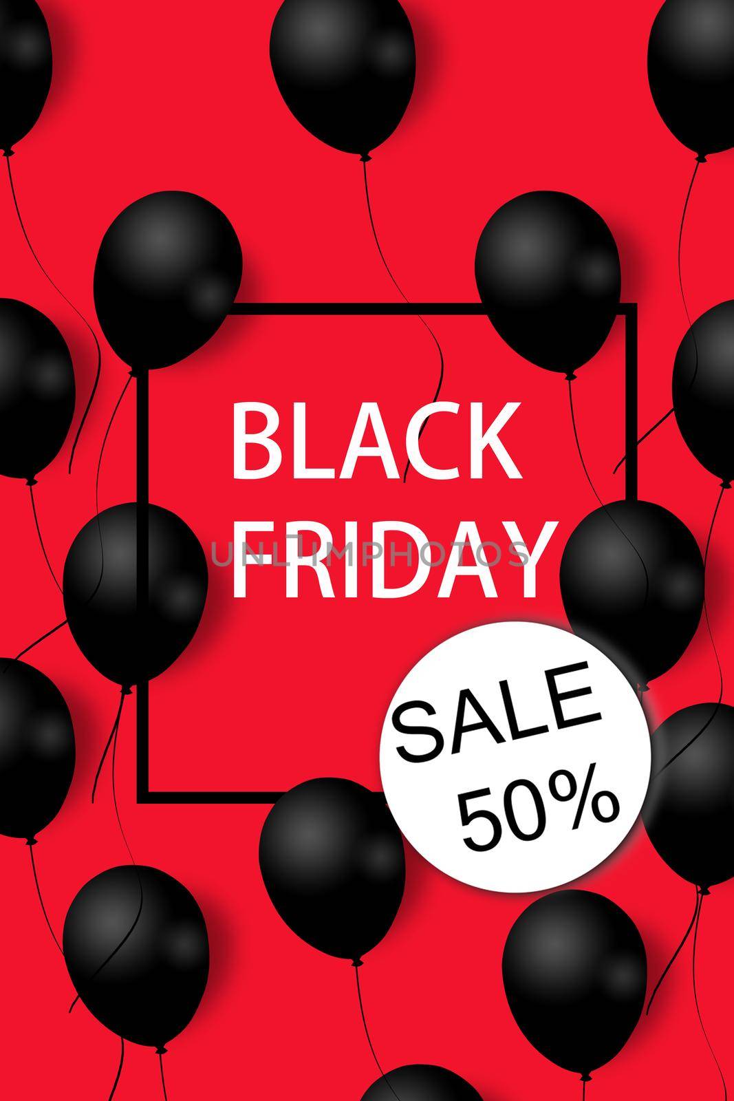 Black Friday Sale Poster with black balloons on red background with square frame. Illustration. Pattern