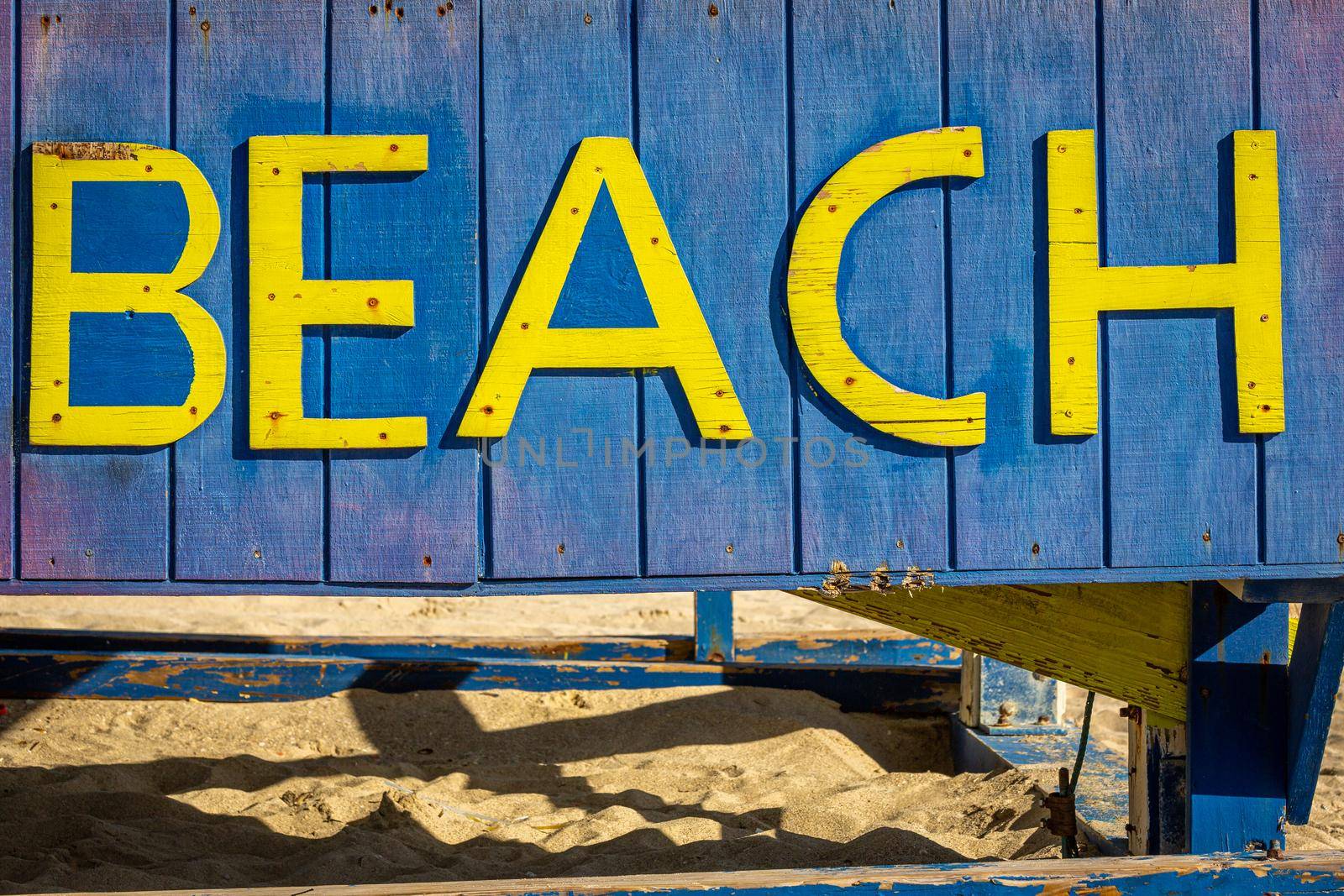 Miami Beach sign on wood lifeguard, South Beach, Florida, Miami