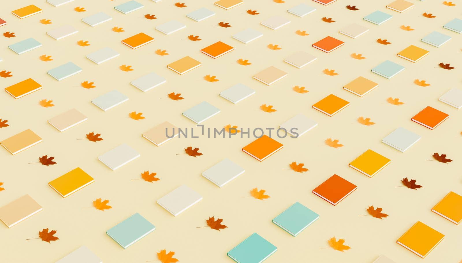 Symmetric rows of colorful books and dry maple leaves on surface by asolano