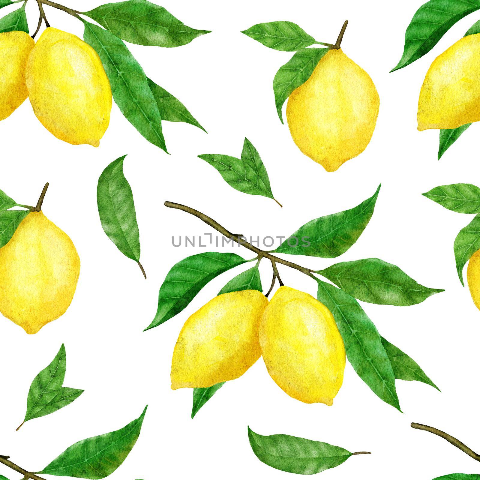 Watercolor hand drawn seamless pattern with lemon citrus fruit. Summer bright organic sweet tasty food botanic print. Harvest tree ornament textile. by Lagmar